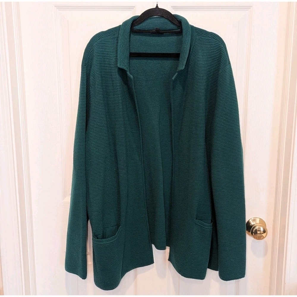 Quiet Luxury Lambswool Cardigan Talbots 3X Green Open Front Plus Sweater